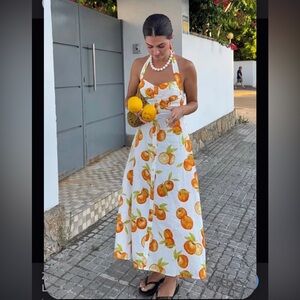 NWT: Zara Orange Print Linen Halter Dress in Sz: L